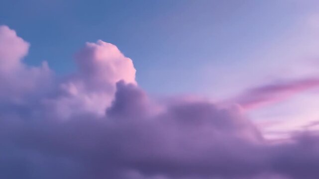 Soft, voluminous clouds drift across a twilight sky, painted in hues of pink, purple, and blue