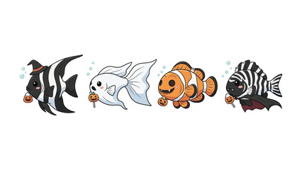 Happy Halloween Fish Collection: An whimsical illustration of cheerful, festive, and aquatic creatures, each decked out in playful costumes for Halloween, ready to spread joy and delight.