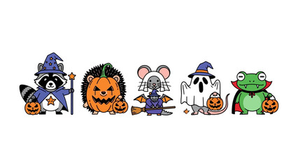 Whimsical Halloween Animals: A charming assortment of Halloween-themed cartoon animals, each dressed in a unique costume and holding a jack-o'-lantern, evoke the fun of All Hallows' Eve.