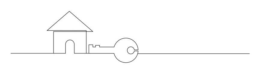 Continuous line art of a house and keys as a symbol of success in life. Vector illustration