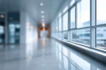 There is a long hallway in an office building that features numerous windows
