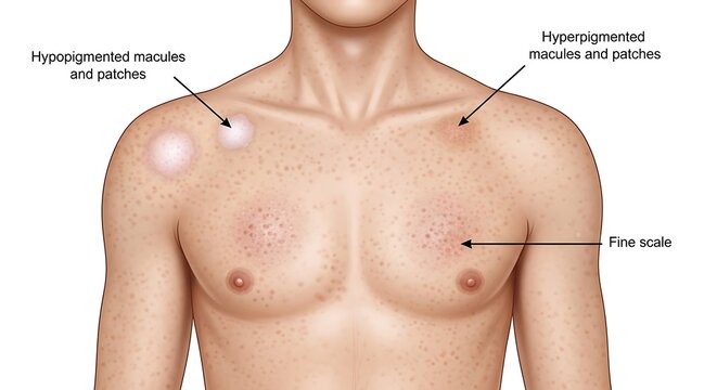 Illustration of Tinea Versicolor on Human Skin with Hyperpigmented and Hypopigmented Macules.
