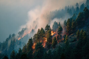 Forest Fire Raging Through Pine Trees on a Mountain Slope with Smoke Filling the Sky.