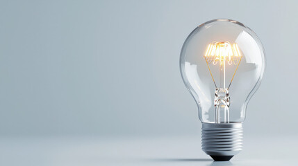 Clear light bulb with glowing filament stands against soft gray background, symbolizing innovation and creativity
