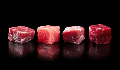 Four Cubes of Fresh Tuna on a Reflective Surface.