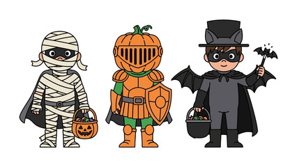 Halloween Costume Trio: A whimsical illustration showcases three children dressed in unique, festive costumes for Halloween, complete with candy buckets and a touch of eerie delight. 