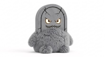 Spooky Grey Tombstone Plush Toy with Angry Face and Furry Body. Halloween Decoration Theme