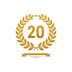 Golden laurel wreath with number 20 and banner on white background