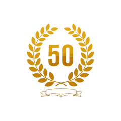 Golden laurel wreath with number 50 and banner on white background