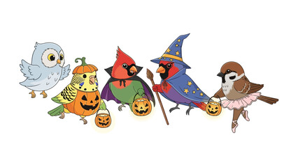 Halloween Birds' Ensemble: A charming collection of cartoon birds dressed in festive Halloween costumes, each holding a small pumpkin bucket.