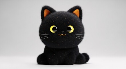 Sweet black cat plush toy with fluffy texture bright yellow eyes and orange ears. Halloween Decoration Theme