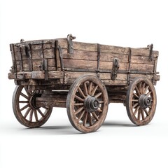 Obraz premium Detailed 3D render of a rustic wooden wagon with metal accents on a white background