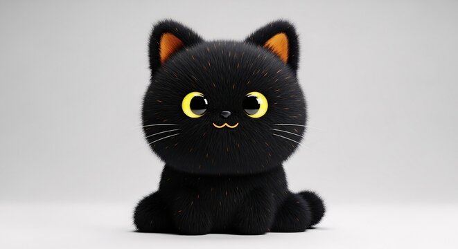 Sweet black cat plush toy with fluffy texture bright yellow eyes and orange ears. Halloween Decoration Theme