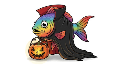 Spooky Fish in Halloween Costume: A creatively illustrated fish dressed in a striking Halloween costume, holding a jack-o'-lantern, celebrating the season with whimsical delight.