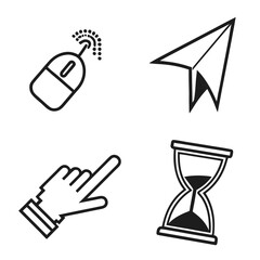 Four black and white icons including a computer mouse with a click indicator, a paper airplane, a pointing finger, and an hourglass on a white background