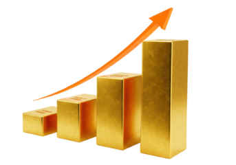 Gold bars chart with orange arrow isolated on transparent background, financial growth concept for business and investment