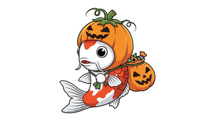 Halloween Koi: An adorable koi fish wearing a jack-o'-lantern costume and a bag of treats, perfect for Halloween decorations and fun.