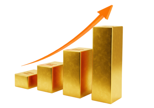 Gold bars chart with orange arrow isolated on transparent background, financial growth concept for business and investment