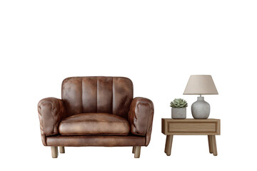 Rustic Armchair with Decorative Lamp and Succulent on Side Table Against Transparent Background Studio Shot Warm Lighting Texture Surface Modern Home Decor Furniture Design Isolated