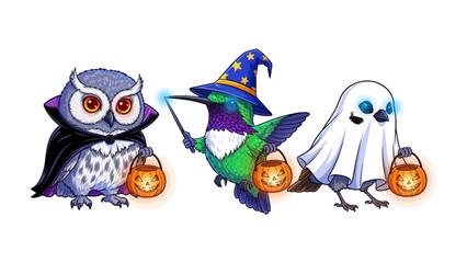 Spooky Halloween Trio: An Owl, a hummingbird, and a ghost, all adorned in Halloween costumes, carry festive jack-o'-lanterns, radiating a blend of spooky charm and adorable delight.