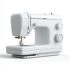 A white modern sewing machine isolated on a white background showcasing its metallic needle and rotary dials