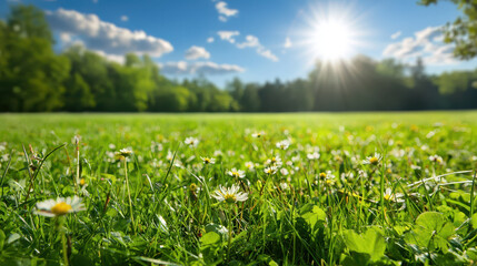 Fototapeta premium Sunlight illuminates vibrant green field filled with blooming daisies, creating serene and uplifting atmosphere in nature