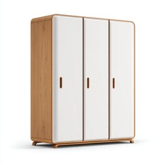 Modern three door wardrobe with wood grain side panels and white doors