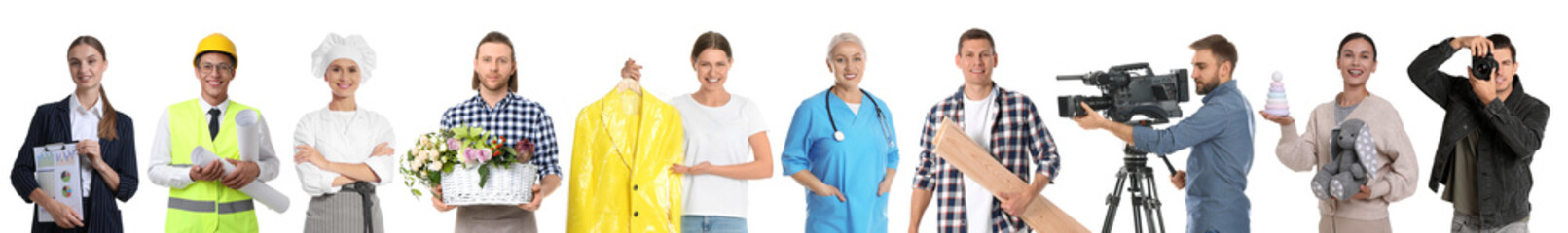 Choosing profession. People of different occupations on white background, collage of portraits