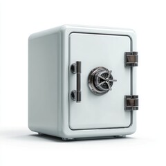 A closed white metallic safe with a polished chrome handle and dial on a white background