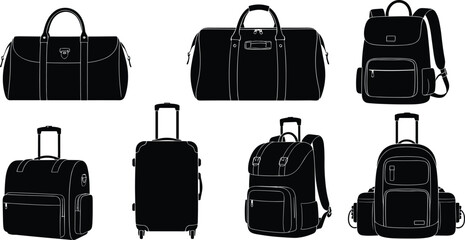 “Duffel bags, rolling suitcase, travel backpack, luggage set, black silhouette vector illustration”