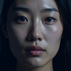 A moody, atmospheric close-up portrait of a serene Asian woman with her eyes closed. The dramatic, low-key lighting highlights her natural skin texture.