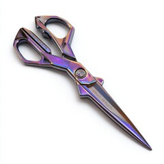 A pair of iridescent metal scissors with a metallic sheen angled on a white background