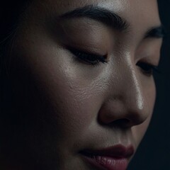 A moody, atmospheric close-up portrait of a serene Asian woman with her eyes closed. The dramatic, low-key lighting highlights her natural skin texture.