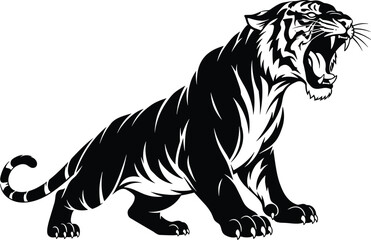 Roaring tiger silhouette illustration, wild animal artwork, aggressive predator design, jungle beast vector, fierce wildlife symbol drawing
