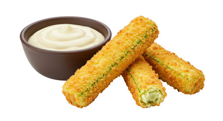 Crispy fried zucchini sticks with dipping sauce isolated, delicious appetizer or snack on a transparent background, healthy vegetarian food