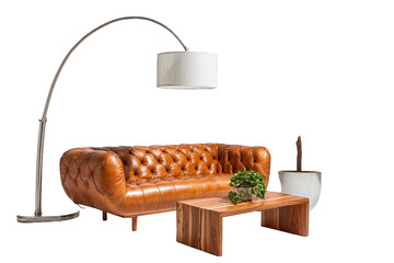 Living Room Interior Featuring Brown Leather Tufted Sofa Wood Coffee Table Modern Arch Lamp and Potted Plant Against Transparent Background in Studio Lighting