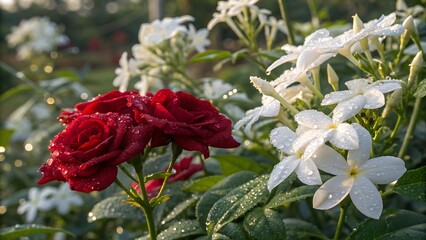 Vibrant red roses and white blooms flourish together in a sunlit garden.