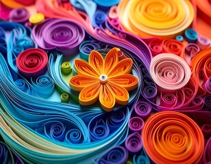 A vibrant, macro close-up of a colorful paper quilling artwork, focusing on a central flower. Intricate paper coils and waves create a beautiful abstract texture.