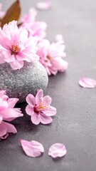 Cherry blossoms atop grey stone, delicate pink petals strewn