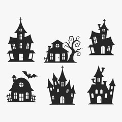 A set of Halloween houses with spooky details. The houses vary in size and feature.