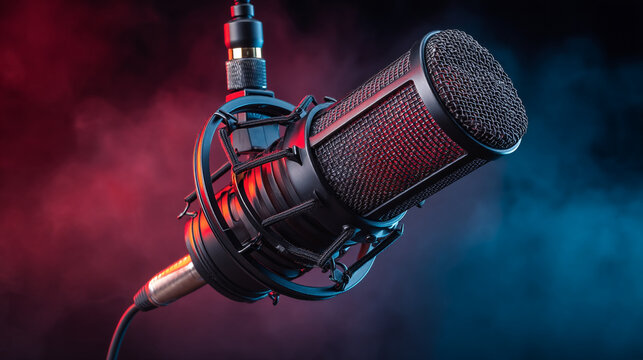 Close up shot of a studio microphone with a cable against a colorful background scene