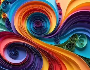 A vibrant, abstract background made from colorful paper quilling and papercraft. The intricate, layered paper strips form beautiful, dynamic swirls and waves.