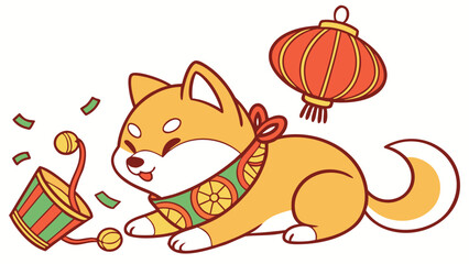 Cute SVG of a Sleepy Shiba inu in Year of the Dragon (or relevant animal) colors, featuring with a scarf in a Lunar New Year / Chinese New Year setting