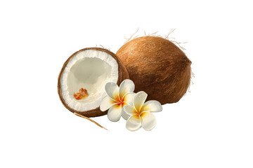 Halved Coconut and Whole Coconut with Plumeria Flowers on Transparent Background Food Still Life Tropical Fruit Composition Close Up Studio Shot for Adobe Stock