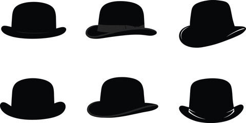 Set of bowler hat silhouettes in various styles and angles, classic vintage men’s fashion headwear icons for retro accessory design