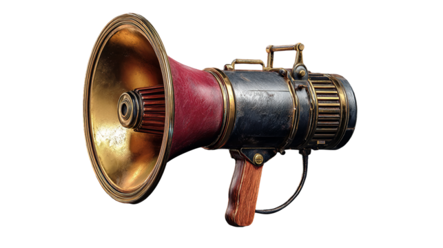 Announcing a new era of communication A retro steampunk megaphone with intricate details on a dark