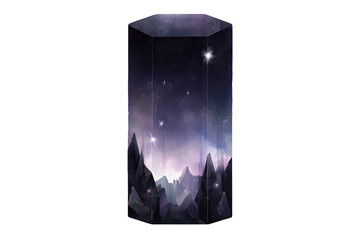 Pixelated Starry Night Scene in Rectangular Prism with Black Backdrop Digital Art Landscape Mountains Starry Sky Galactic Space Exploration Concept Fantasy and Imagination Pixel Art Style Transparent