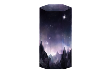 Pixelated Starry Night Scene in Rectangular Prism with Black Backdrop Digital Art Landscape Mountains Starry Sky Galactic Space Exploration Concept Fantasy and Imagination Pixel Art Style Transparent