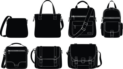 Vector collection of backpacks, messenger bags, crossbody satchels, laptop totes, unisex shoulder bags, modern travel backpacks, and stylish office accessories