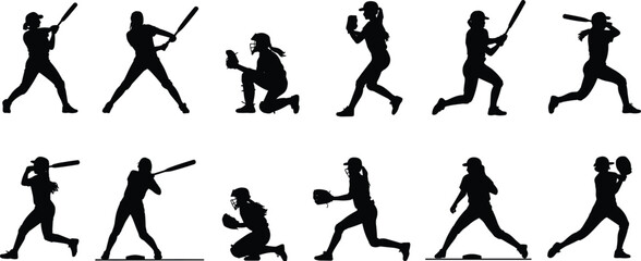 Softball player silhouettes, female athletes in action poses, sports vector illustration, baseball training clipart, competitive game design artwork